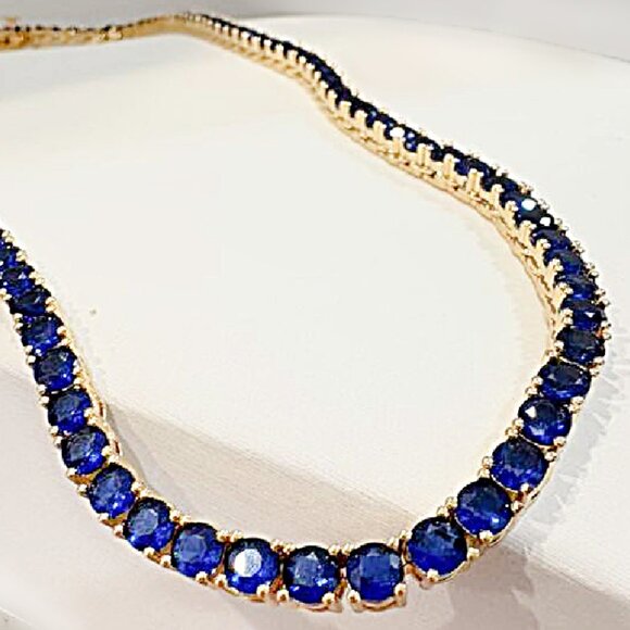 Dazzling Lab Created Blue Sapphire Diamondettes 18K Gold Plated Tennis Necklace - Picture 1 of 7